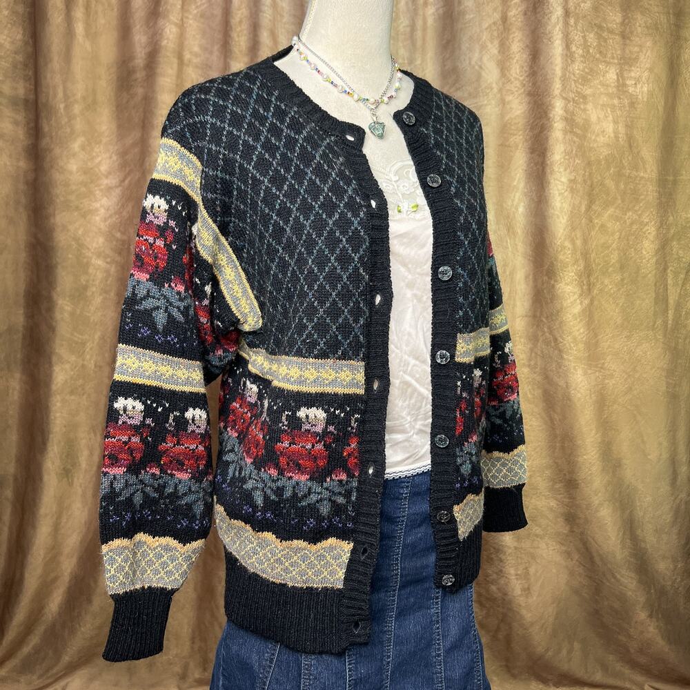 Vintage Fair Isles Cardigan Sweater 90s Floral Button Up Knit Diamond Nordic Ski